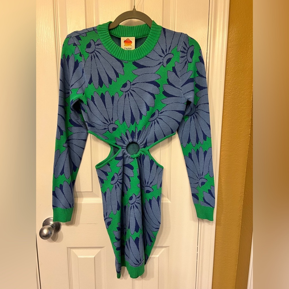 NWT Farm Rio Green & Blue Floral Cutout Long Sleeve Mini Dress, Size XS - Picture 2 of 7